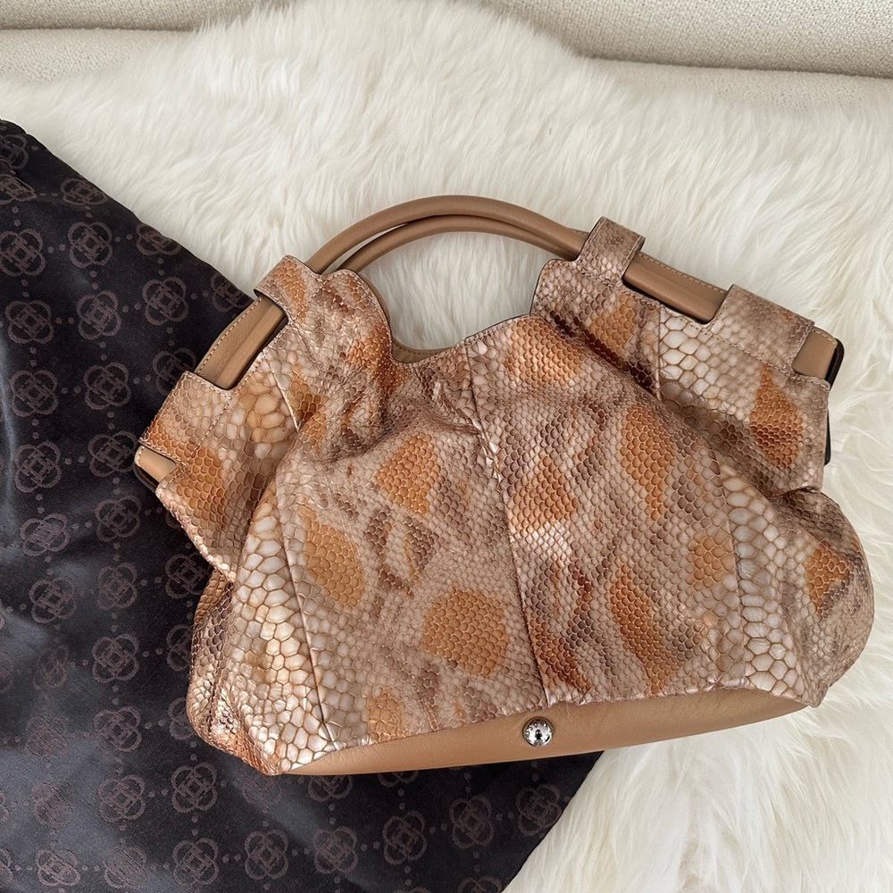 vintage Brown Reptile Embossing Leather handle bag/ made in Italy